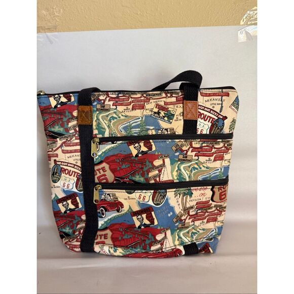 Route 66 Tote Bag Retro Road Trip Map Print Vintage Canvas Zipper Pockets - Picture 1 of 11